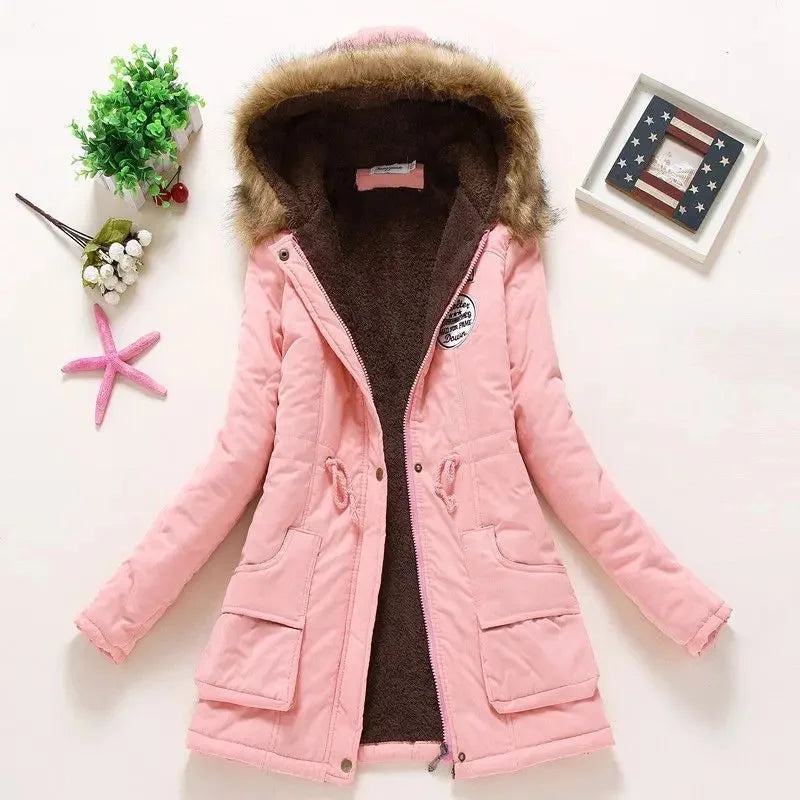 Korean Style Thickened Long Cotton Jacket Women's Winter Coat with Fleece Lining And Fur Collar Slim Fit plus Size Top