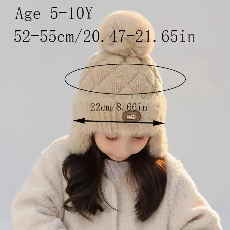 Kids Winter Hat with Ear Flaps Hat with Furry Pom-Pom & Plush Lining - Soft Warm Beanie for Boys & Girls for & 4-10 Y
