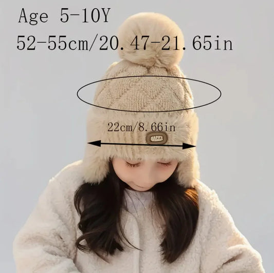 Kids Winter Hat with Ear Flaps Hat with Furry Pom-Pom & Plush Lining - Soft Warm Beanie for Boys & Girls for & 4-10 Y
