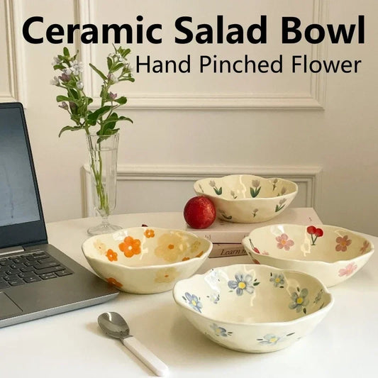 1PCS Ceramic Salad Bowl Hand Pinched Irregular Ins Korean Style Cream Yellow Yogurt Bowl Oatmeal Breakfast Plates Flower Bowl