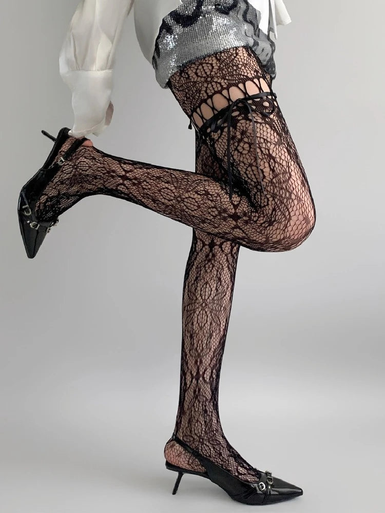 New Design Beige Tights Women Sexy See Through Mesh Sheer Fishnet Stockings JK Uniform Bow Tie Strap Lace Bottoming Pantyhose