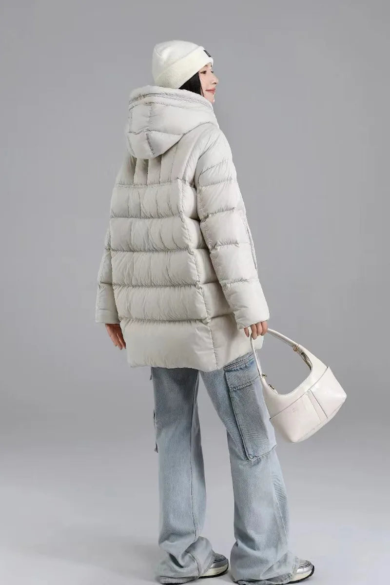 Winter Hooded Warm Mid Length Down Jacket Female Double Zipper Solid Parker Outwears Women 90% White Duck Down Loose Down Jacket
