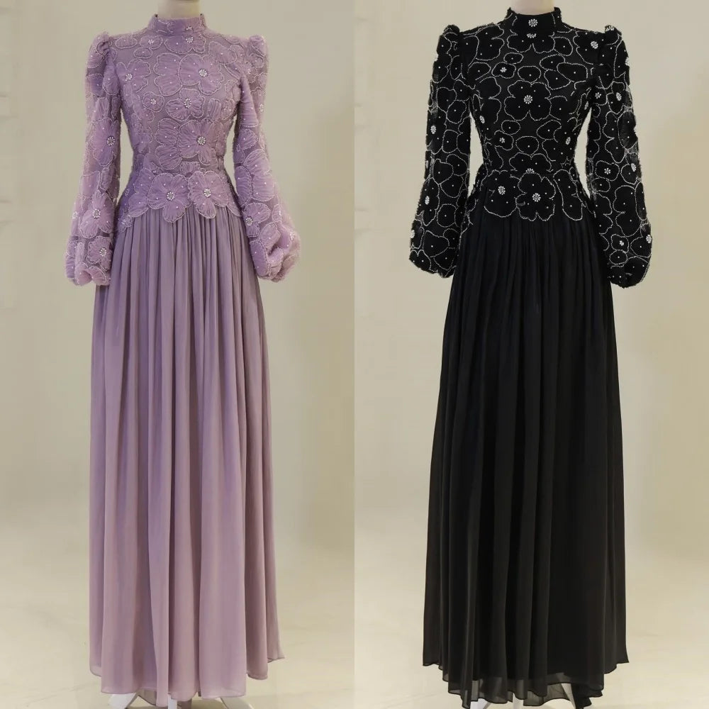 Fashion Chiffon Handmade Flower Beading Straight High Collar Long Dresses Bespoke Occasion Dresses Retro