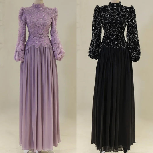 Fashion Chiffon Handmade Flower Beading Straight High Collar Long Dresses Bespoke Occasion Dresses Retro