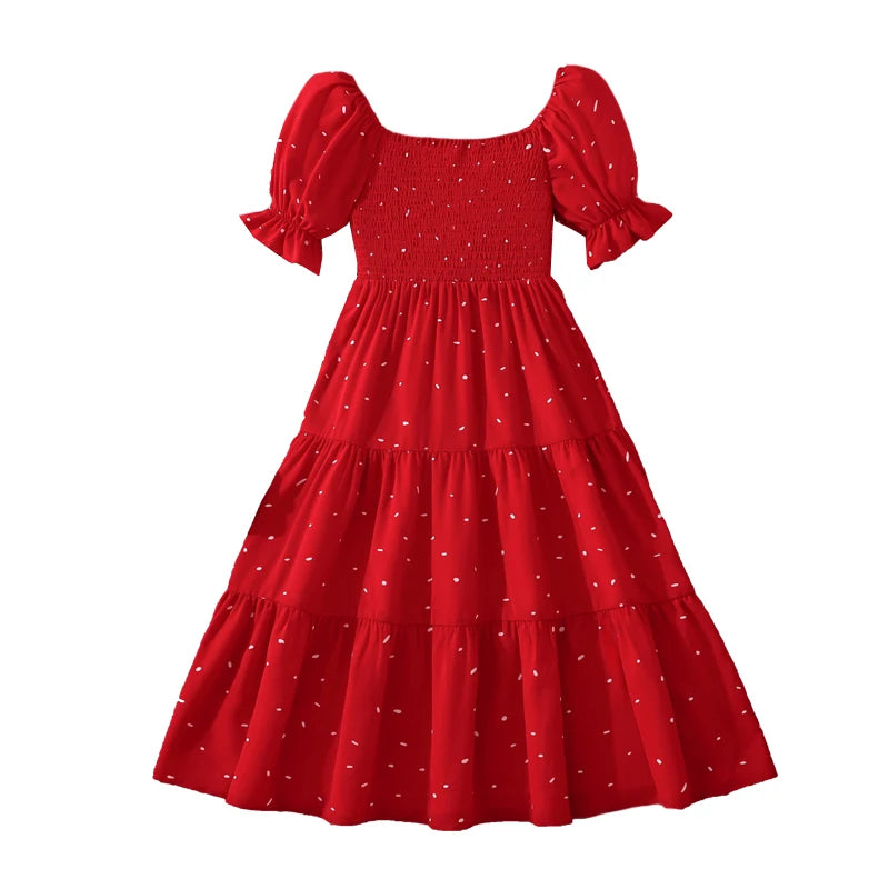 Elegant Square Neck Puff Sleeve Long Dress for 8-12 Year Old Girls Summer Sweet Ladylike Style Perfect for Valentine's Day
