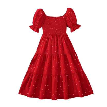 Elegant Square Neck Puff Sleeve Long Dress for 8-12 Year Old Girls Summer Sweet Ladylike Style Perfect for Valentine's Day