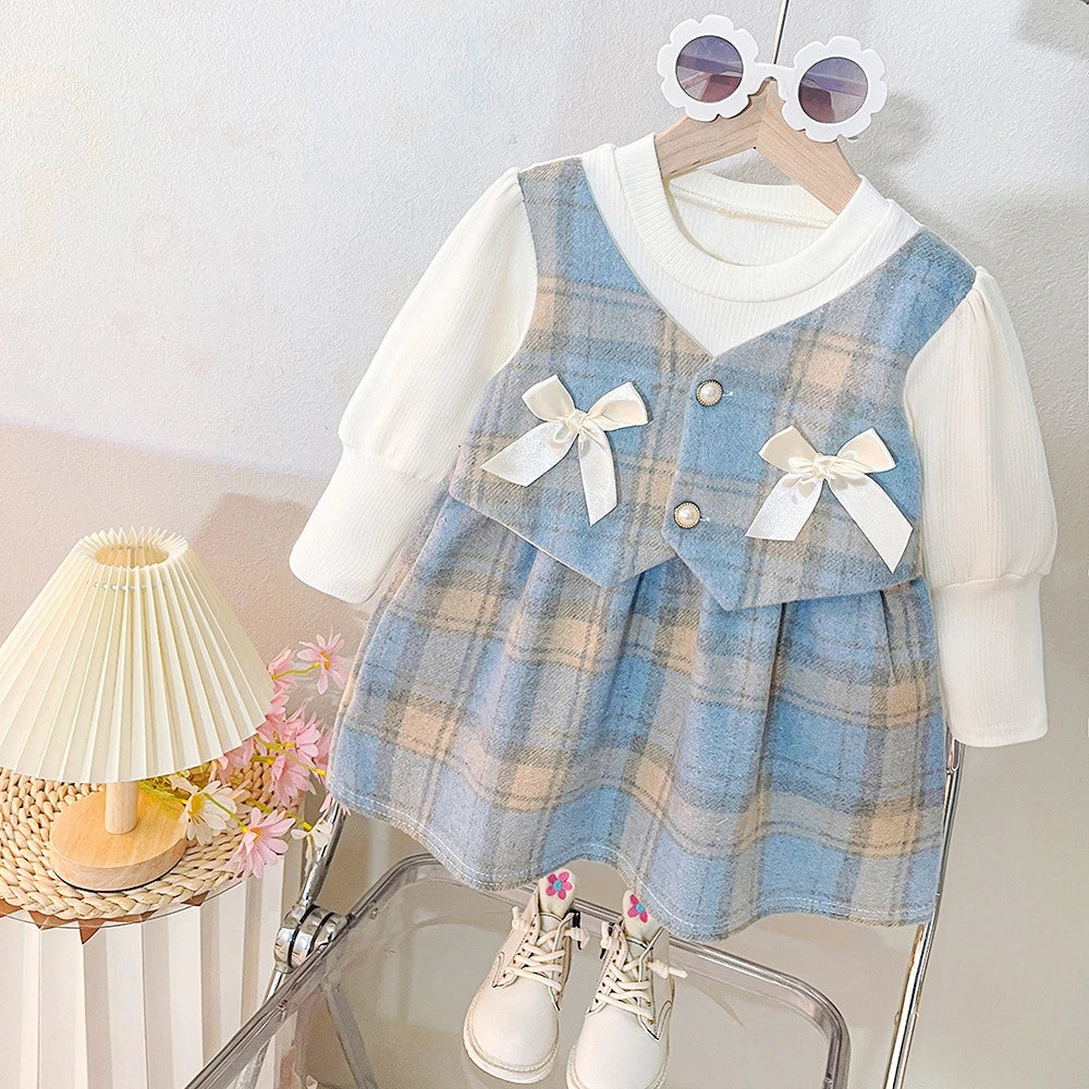 Baby Clothes Girl Spring And Autumn Bow And Plaid Fake Two Pieces Long-Sleeved Baby Dresses Cute Casual Girl Kid's Dress