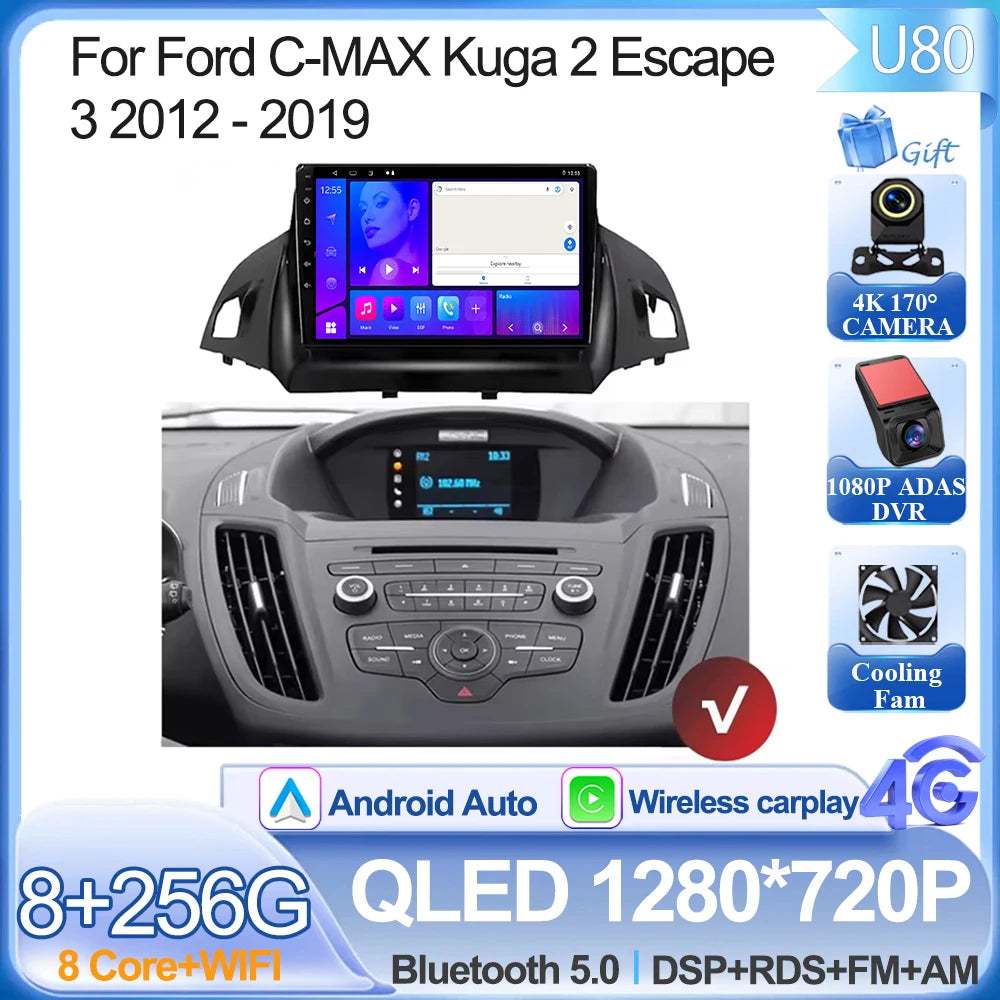For Ford C-MAX Kuga 2 Escape 3 2012 - 2019 Android 15 Car Radio Multimedia Video Player Navigation Carplay Auto BT 2DIN DVD 5G