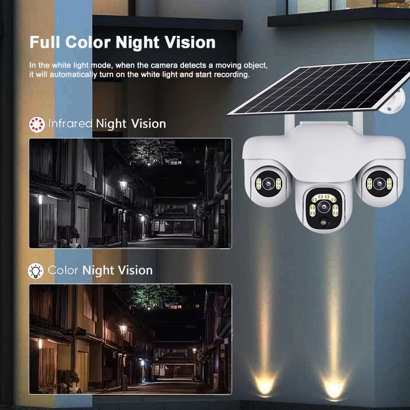 Three Lens Three Screens WIFI Solar Camera 15MP 10X Zoom CCTV Outdoor Automatic Tracking Humanoid Detection PTZ IP66 Cam V380
