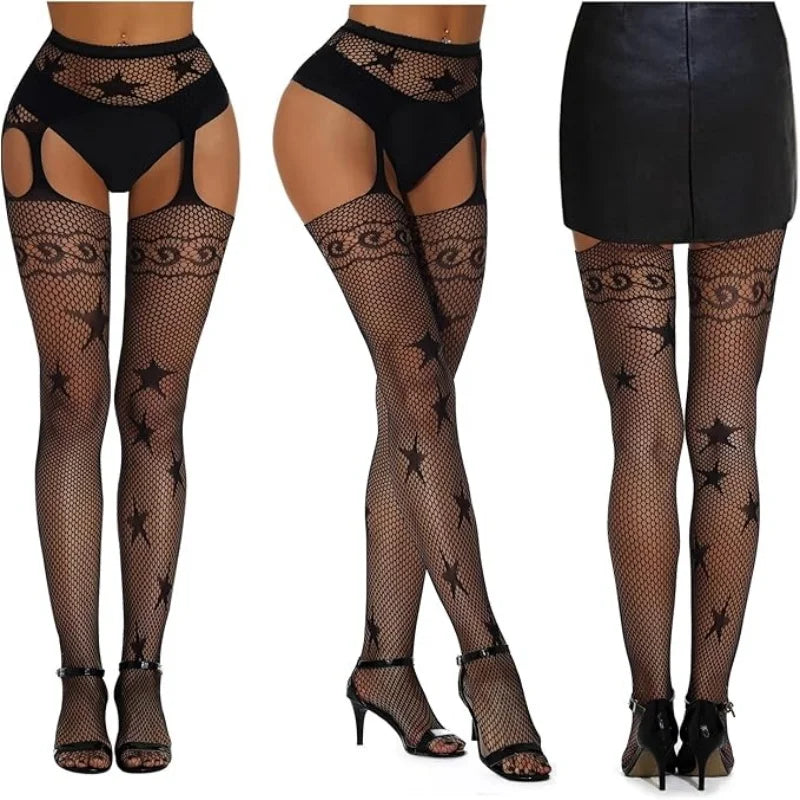 3 Pcs Pantyhose Fishnet Sexy Thigh-High Stockings Suspender Stockings for Women Garter Belt Stockings Hollow Out Pattern Tights