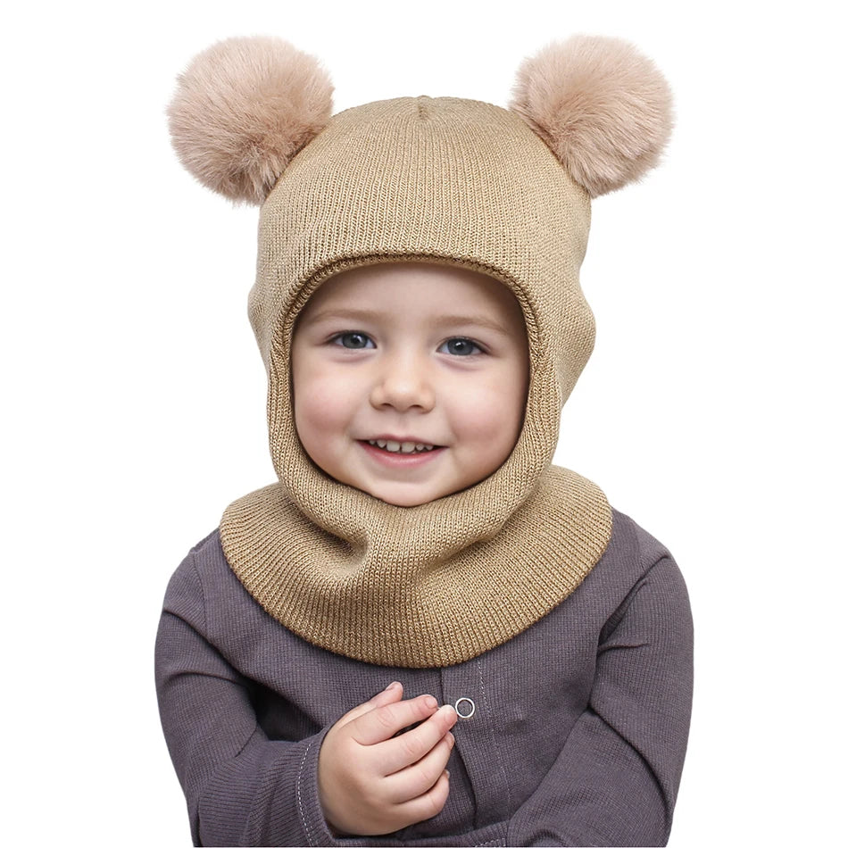 Kids Yarn Knit Balaclava Cap Autumn Winter Pullover Ear Protection Double Ball One-piece Baby Christmas Gift Hat