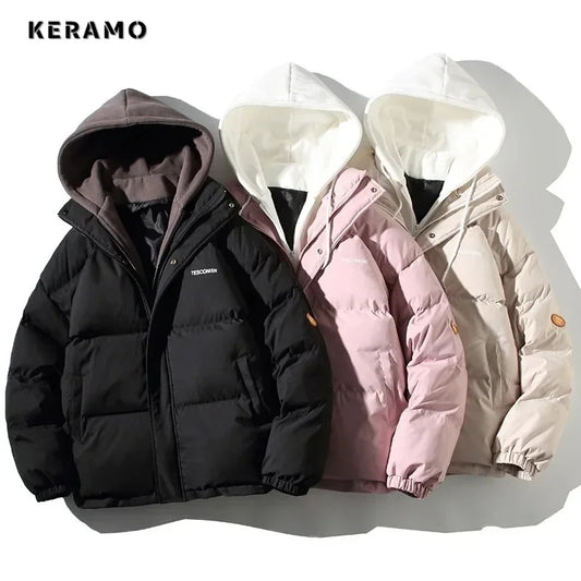 Women Casual All-match Long Sleeve Single Breasted Simple Hooded Parkas 2023 Winter Fake Two Piece Warm Jacket Solid Coat
