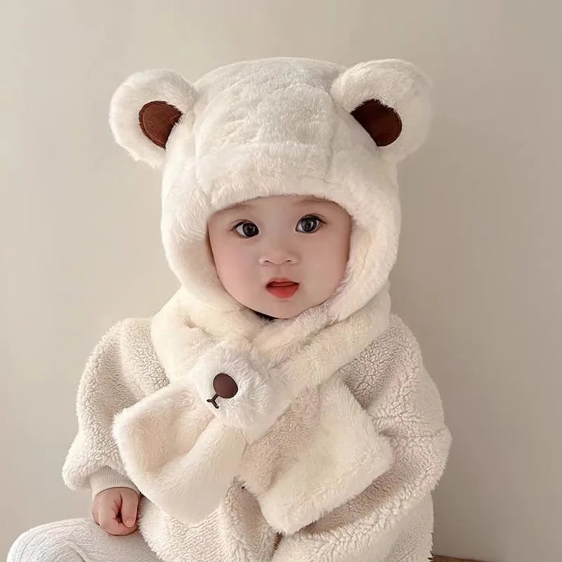 Baby Hat Autumn And Winter Boys' And Girls' Scarves In One Teddy Bear Plush Hat Winter Children's Plush Thickened Windproof Hat