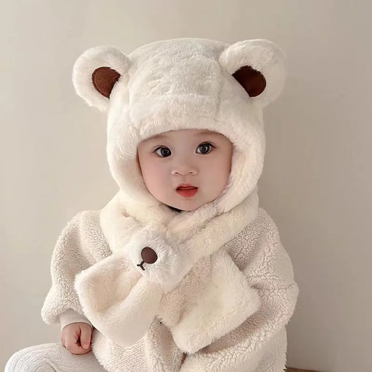Baby Hat Autumn And Winter Boys' And Girls' Scarves In One Teddy Bear Plush Hat Winter Children's Plush Thickened Windproof Hat