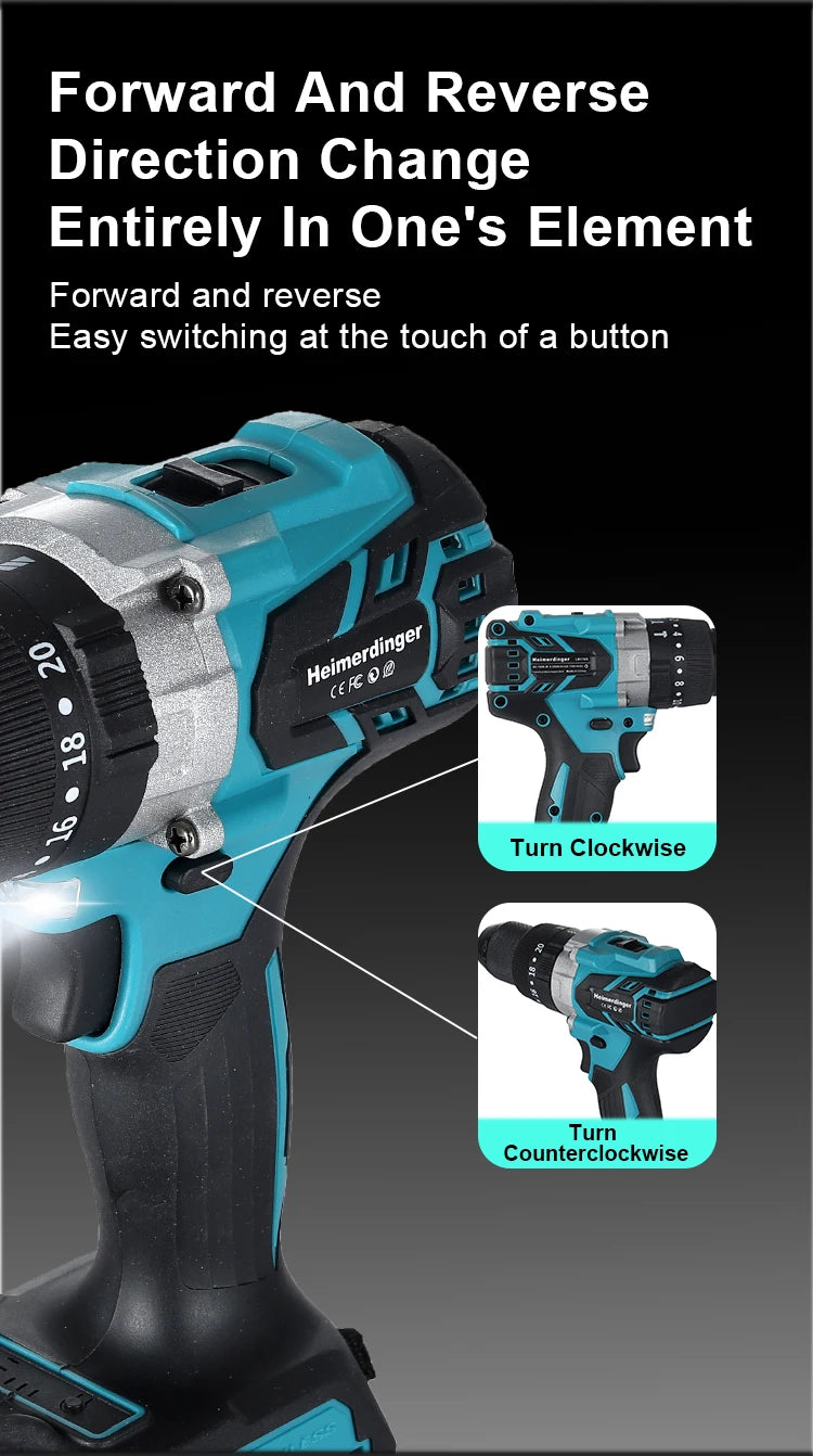 Heimerdinger Brushless Cordless Drill, 1300 In-lb(150N.m) Torque Electric Drill, 1/2" Driver-Drill,2 Variable Speed Drill