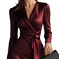 Elegant Satin Long Sleeve V-Neck Gown with Waist Belt Ankle-Length Dress Polished Autumn New Style Cross-Border Dress