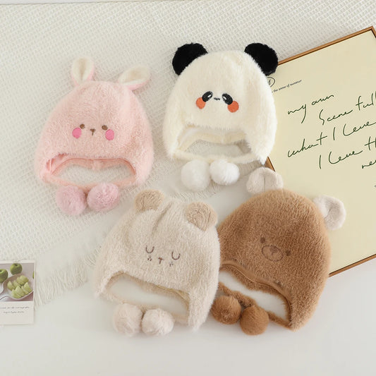 New Autumn Winter Warm Plush Hats for Kids Cartoon Thick Baby Girls Hat Outdoor Windproof Boys Ear Protection Cap Infant Beanies