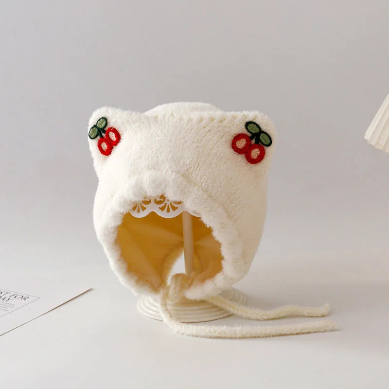 Winter Baby Plush Ear Protection Hat Cute Cherry Toddler Headgear Bonnet Thick Warm Kids Earmuffs Cap 8-36Month Children Beanies