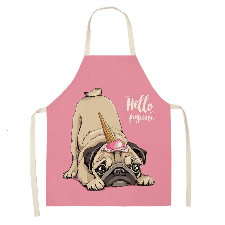 Cute Dog Pug Pattern Cotton Linen Sleeveless Chef Apron Kitchen Aprons Women Home Cooking Baking Waist Bib Pinafore 55x68cm