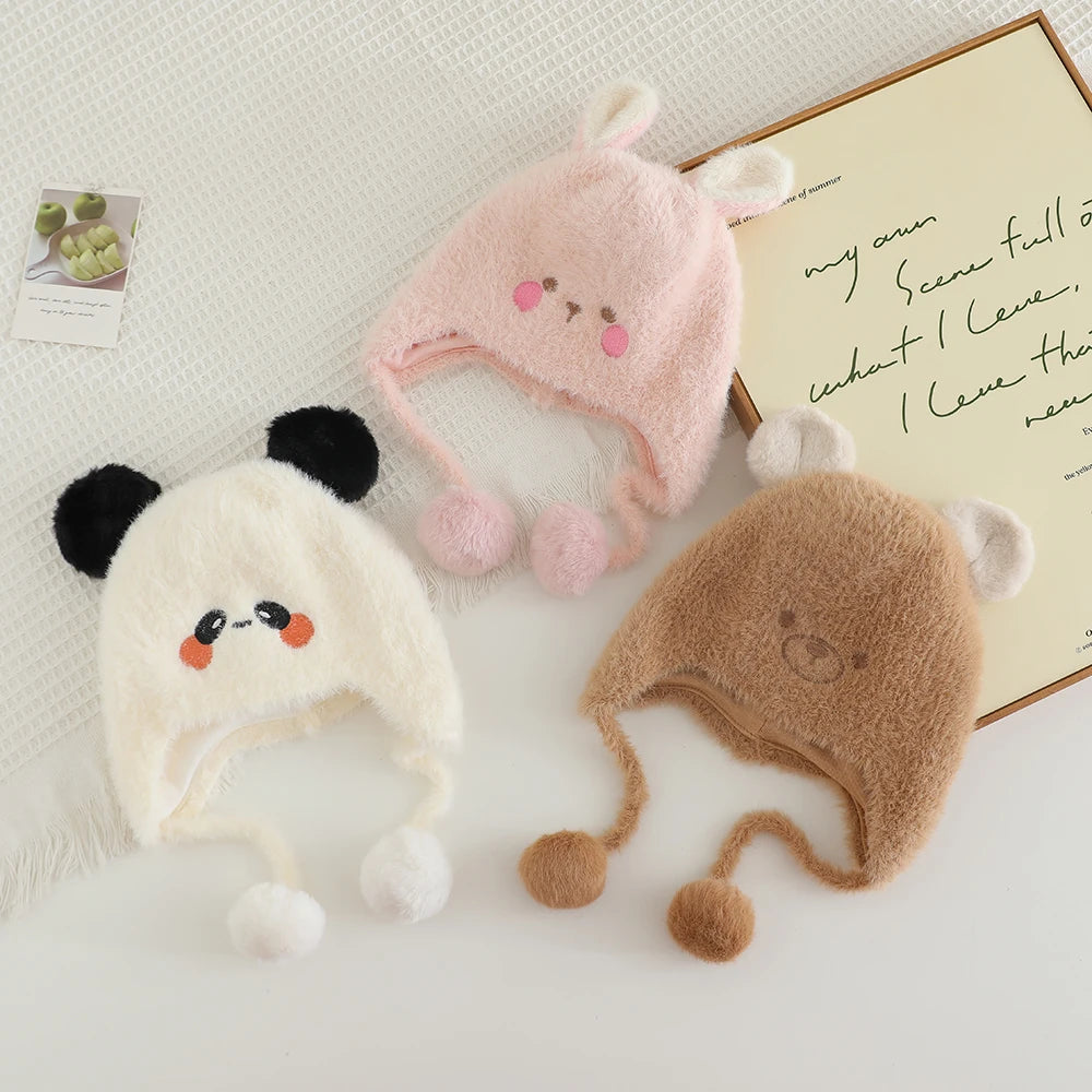 New Autumn Winter Warm Plush Hats for Kids Cartoon Thick Baby Girls Hat Outdoor Windproof Boys Ear Protection Cap Infant Beanies