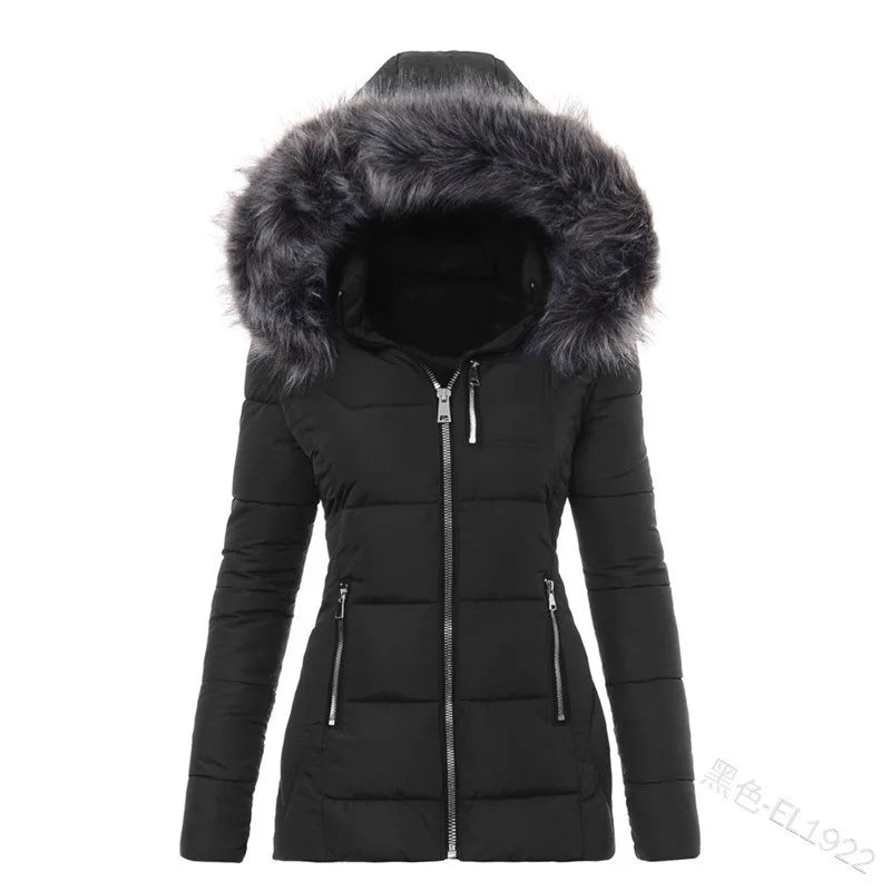 Women Parkas Jacket Cotton Coat Winter Thick Fur Collar Hooded Windproof Padded Jackets Outerwear Zipper Overcoat Office Lady