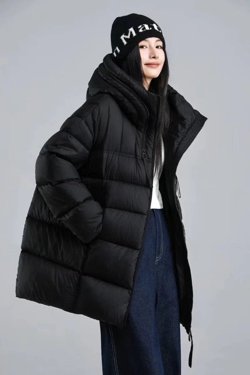 Winter Hooded Warm Mid Length Down Jacket Female Double Zipper Solid Parker Outwears Women 90% White Duck Down Loose Down Jacket