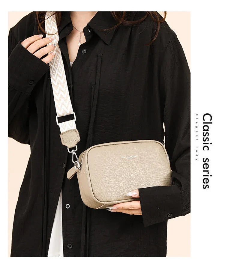 100% Genuine Leather Women Shoulder Bag 2025 New High Quality Cowhide Female Crossbody Bags Wide Shoulder Strap Girls Handbag