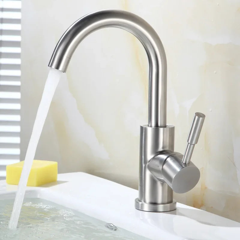 Stainless Steel Hot and Cold Water Mixer Tap, Single Handle Bathroom Faucets, Deck Mounted, Household WashBasin Sink Tap
