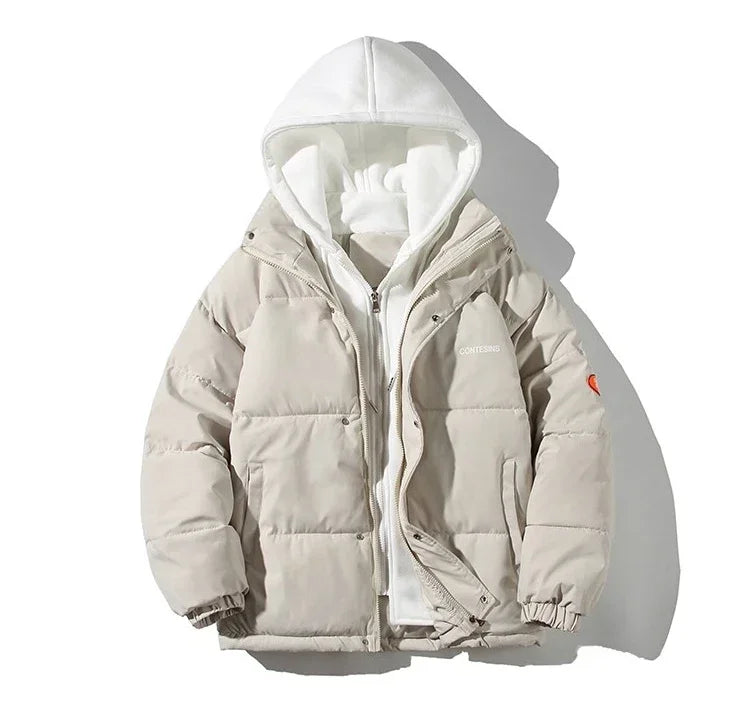 Women Casual All-match Long Sleeve Single Breasted Simple Hooded Parkas 2023 Winter Fake Two Piece Warm Jacket Solid Coat