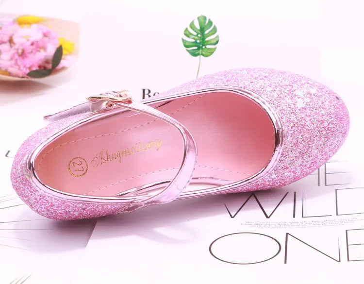 Girls High Heels Children's Leather Shoes Small Children Princess Single Shoes Sequins Students Dance Performance Gift