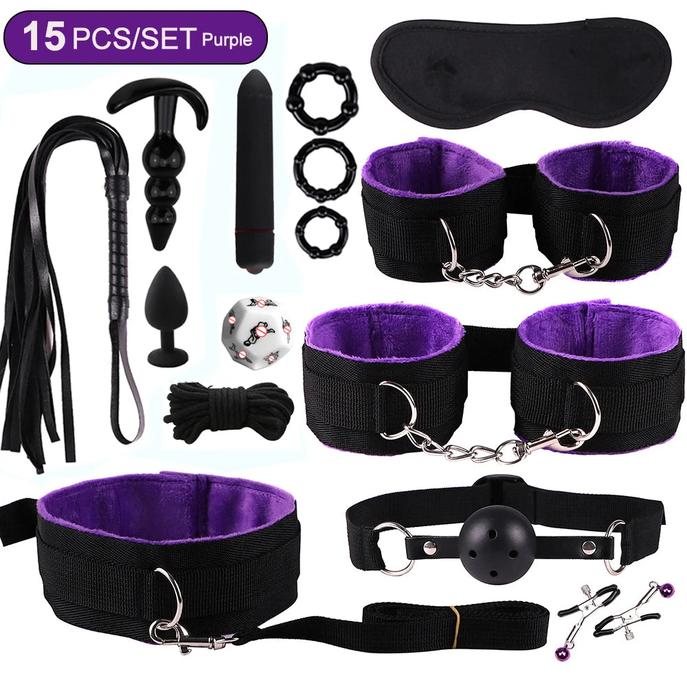 Exotic Bed Bondage Set BDSM Kits Exotic Sex Toys For Adults Games Leather Handcuffs Whip Gag Nipple Clamps Women Sex Products