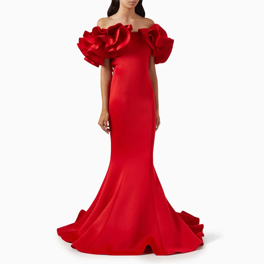 Elegant Wedding Party Dress Red Satin Off the Shoulder Trumpet Formal Evening Gowns Long Ruffle Mermaid Women's Prom Dresses