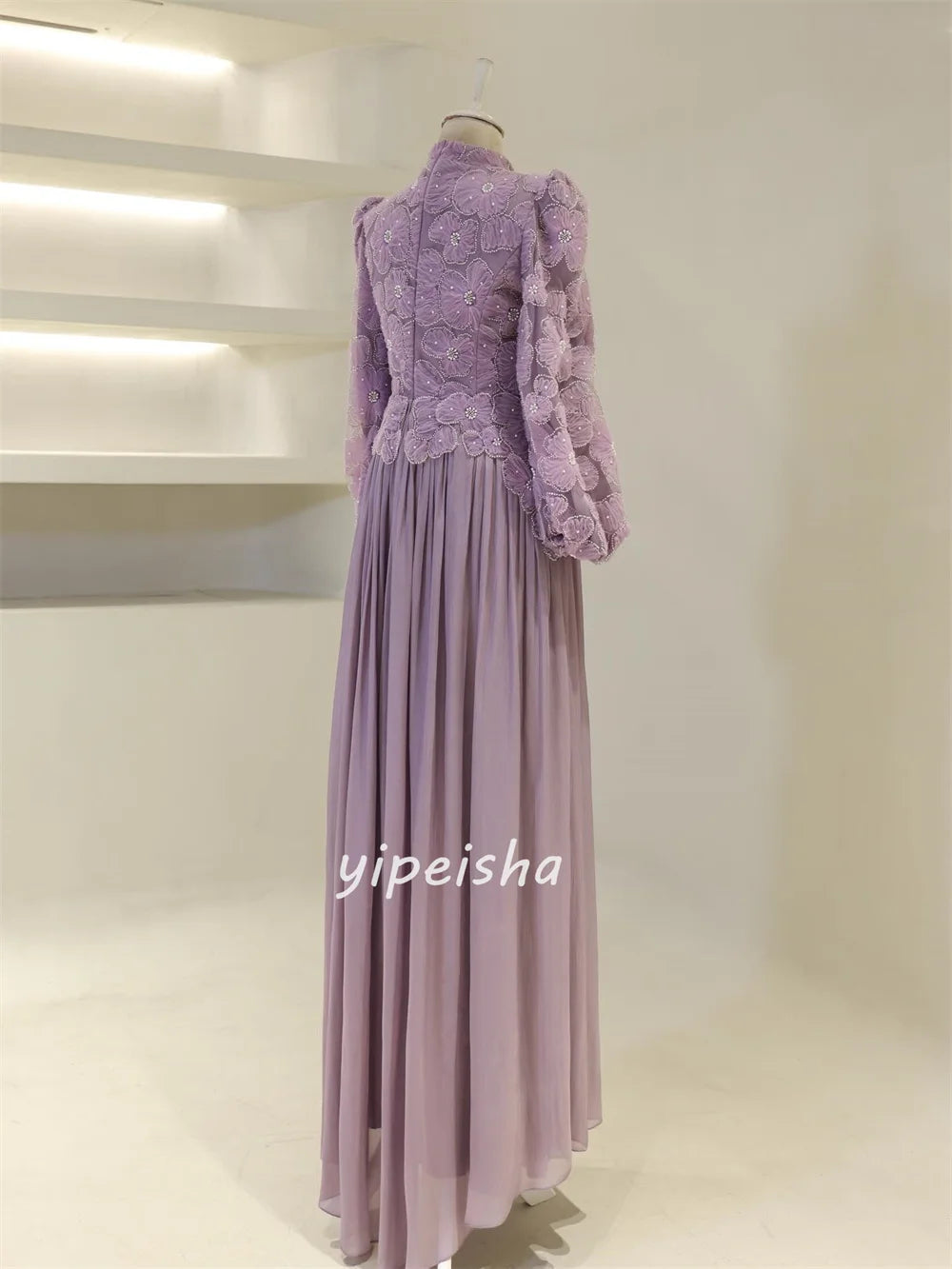 Fashion Chiffon Handmade Flower Beading Straight High Collar Long Dresses Bespoke Occasion Dresses Retro