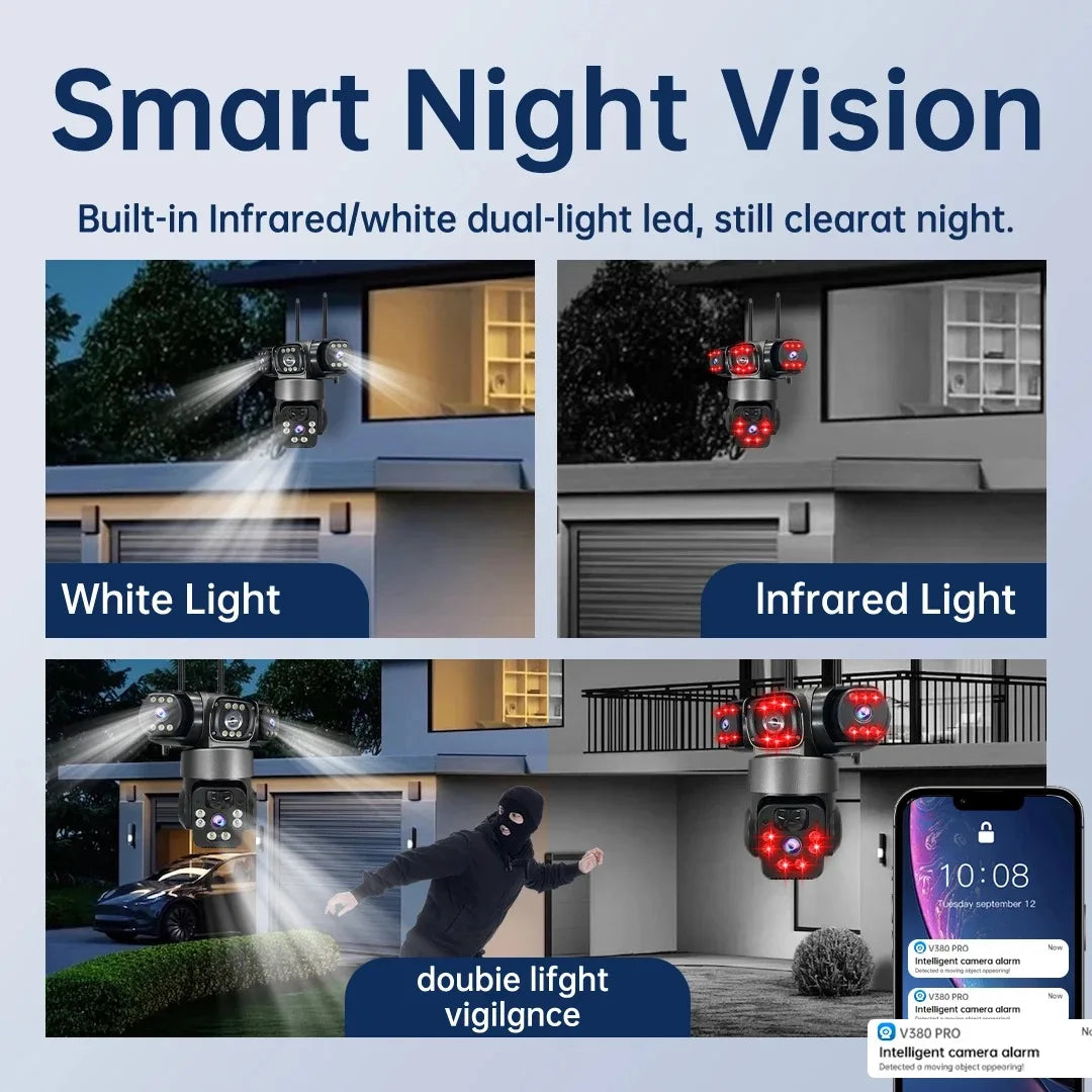 15MP 8K 3 Lens solar security cameras wifi outdoor Waterproof PIR Night Vision Two-Way Audio Mobile Tracking Security IP Cameras