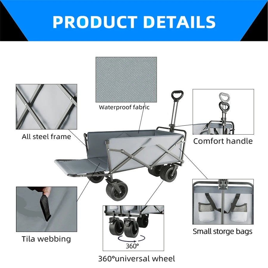 Extra Long Extender Collapsible Wagon Cart Large Weight Capacity Heavy Duty Beach Wagon Cart Outdoor Portable Camping Equipment