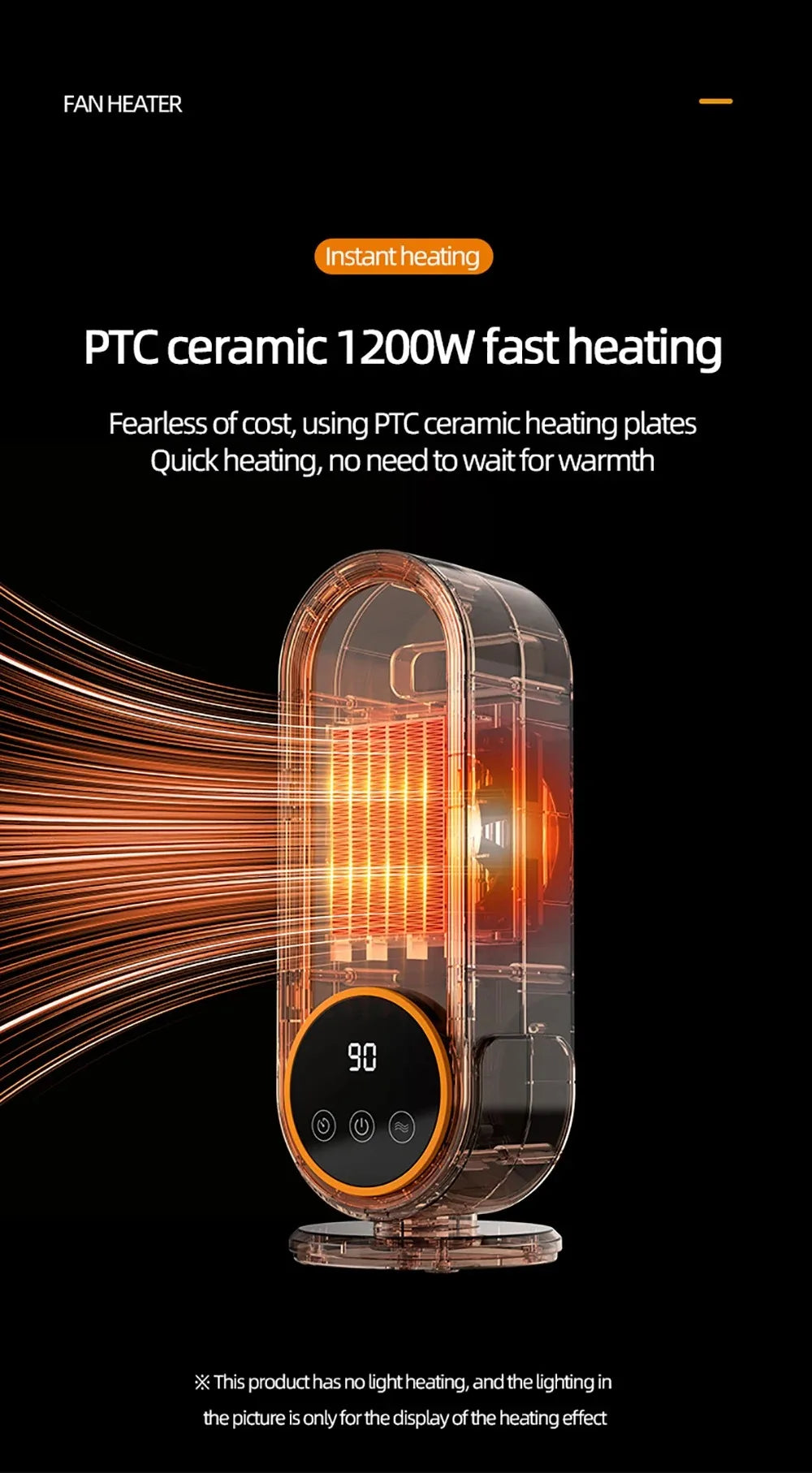 PTC Ceramic Space Heater E68/E68S Desktop Fan Heater 1200W With LED Display Touch/Remote Control Tip-Over Overheat Protection