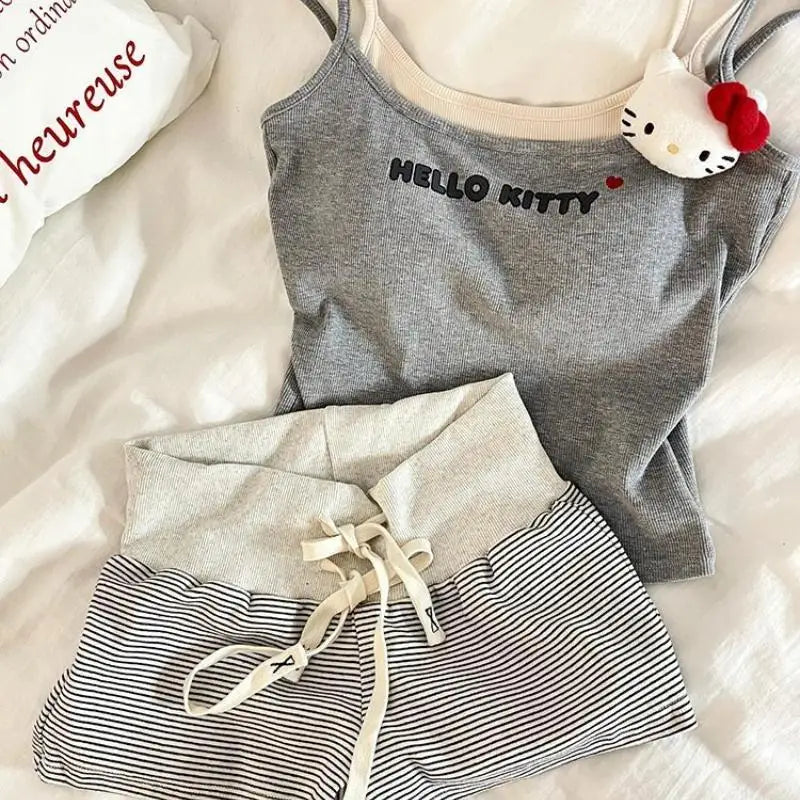 2Pcs Kitty  Women's Pajamas set shorts Cartoon Home Clothing Sling Y2K Sweet Summer Cool Chest Pad Vest Shorts Korean Clothes