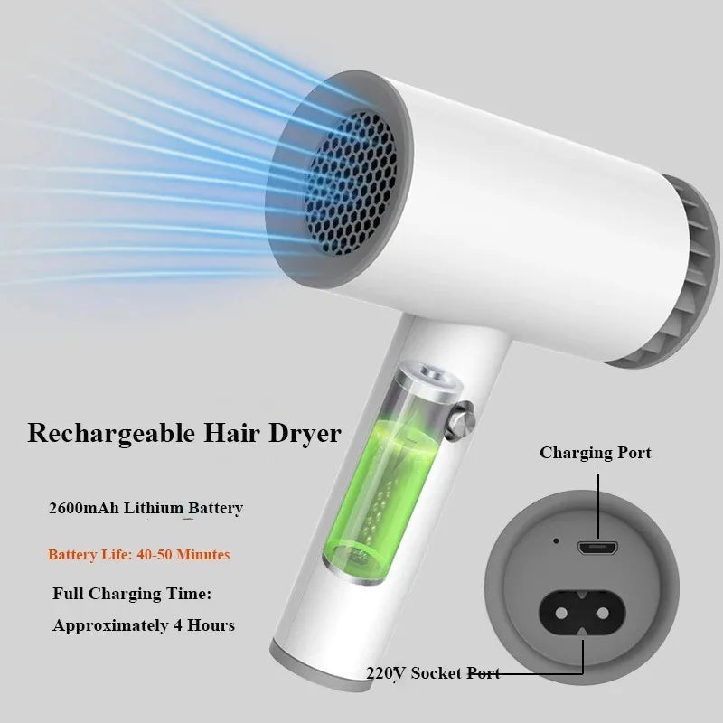 220V Portable Wireless Hair Dryer Rechargeable Blow Dryer Travel Fast Dry Hair Lithium Battery Strong Wind Art Joint Examination
