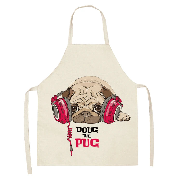 Cute Dog Pug Pattern Cotton Linen Sleeveless Chef Apron Kitchen Aprons Women Home Cooking Baking Waist Bib Pinafore 55x68cm