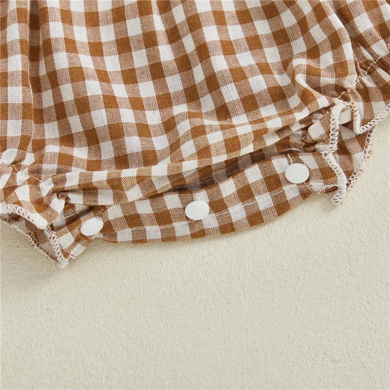 Autumn Baby Girl Thanksgiving Romper Bows Pumpkin Turkey Embroideried Plaid Ruffled Trim Crew Neck Long Sleeve Jumpsuit