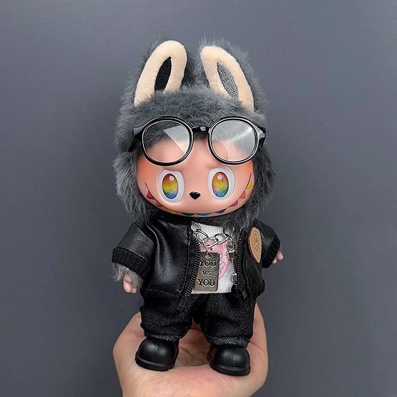 Labubu 1-3 Gen Doll Outfits High-Energy Themed Black Jacket Pants Necklace & Glasses SetChangeable Clothes for Labubu 3.0