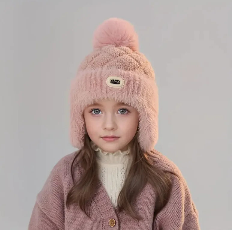 Kids Winter Hat with Ear Flaps Hat with Furry Pom-Pom & Plush Lining - Soft Warm Beanie for Boys & Girls for & 4-10 Y