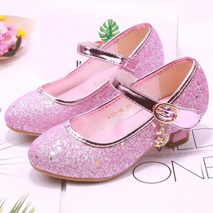 Girls High Heels Children's Leather Shoes Small Children Princess Single Shoes Sequins Students Dance Performance Gift