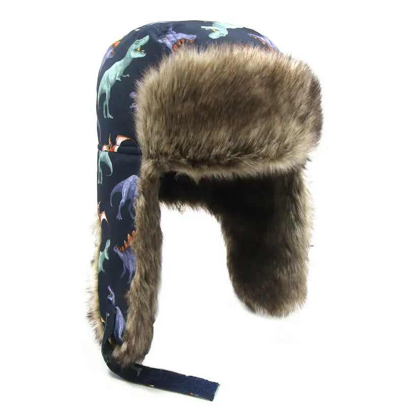 Winter Children Fur Keep Warm Hats Cartoon Dinosaur Pattern Ushanka Caps for 1-10 Years Boys Girls Windproof Soft Skiing Hat