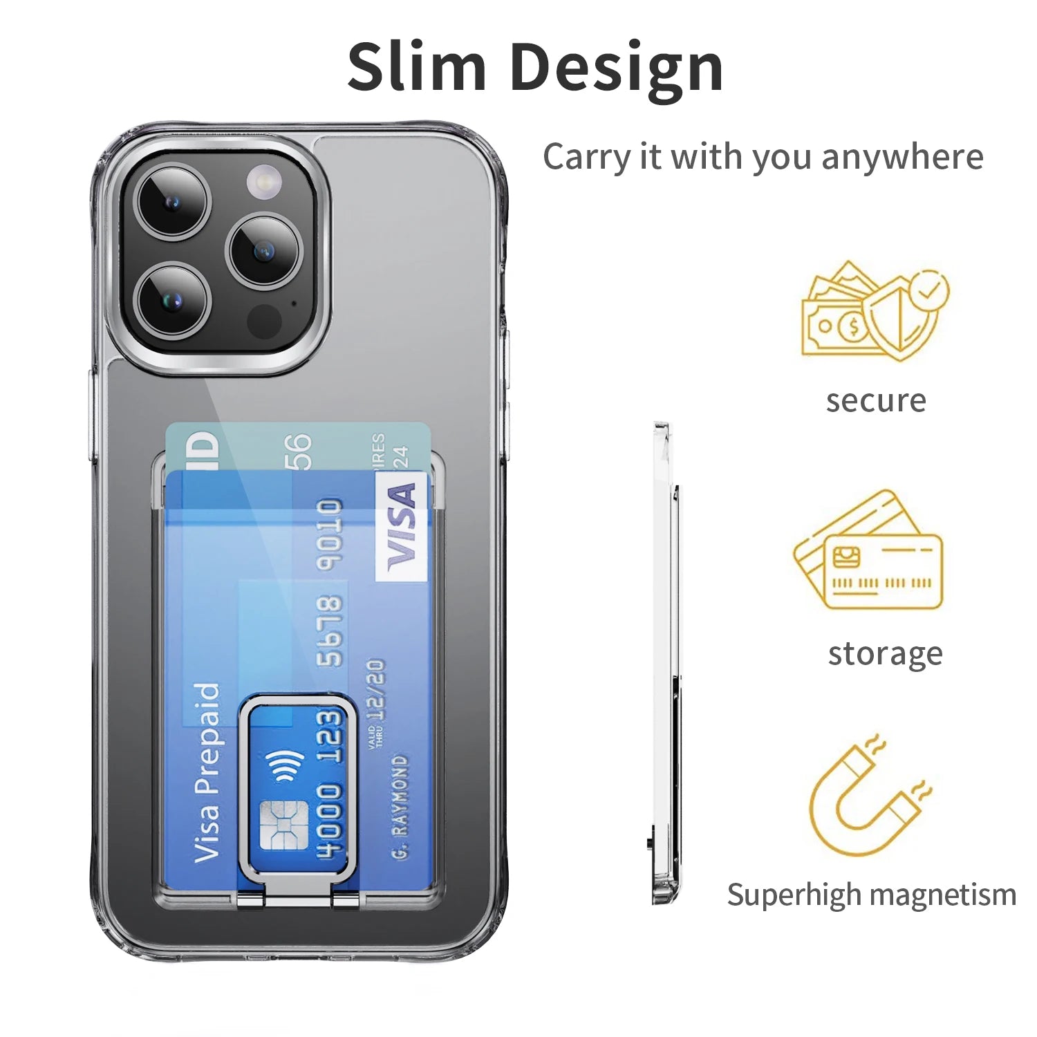 Strong Transparent Magnetic For Magsafe Card Wallet Metal Stand Holder Clear Case For iPhone Card Phone Back Bag Adsorption