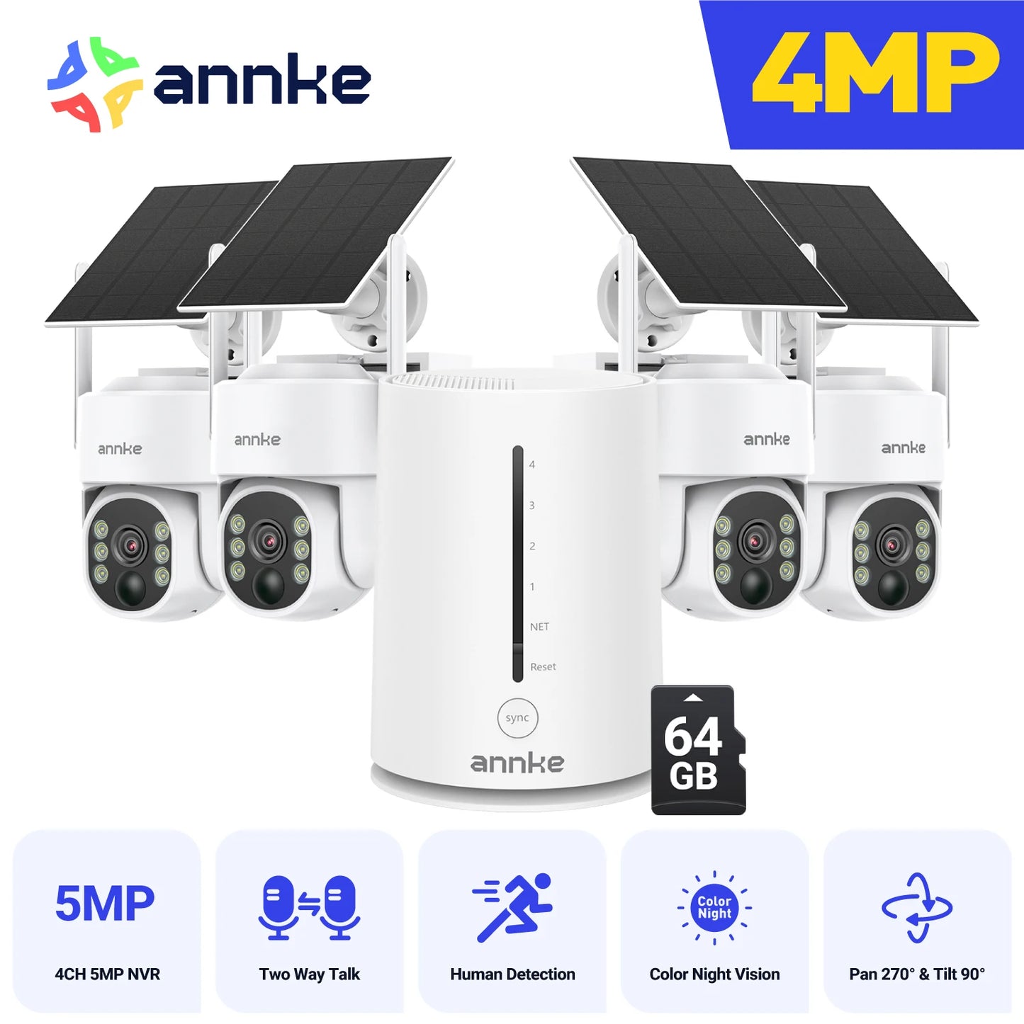 ANNKE 4MP Scalable Wireless Security Camera System 4CH 5MP Wireless Homebase NVR IP65 4MP PIR Two-way Audio Solar PT Camera