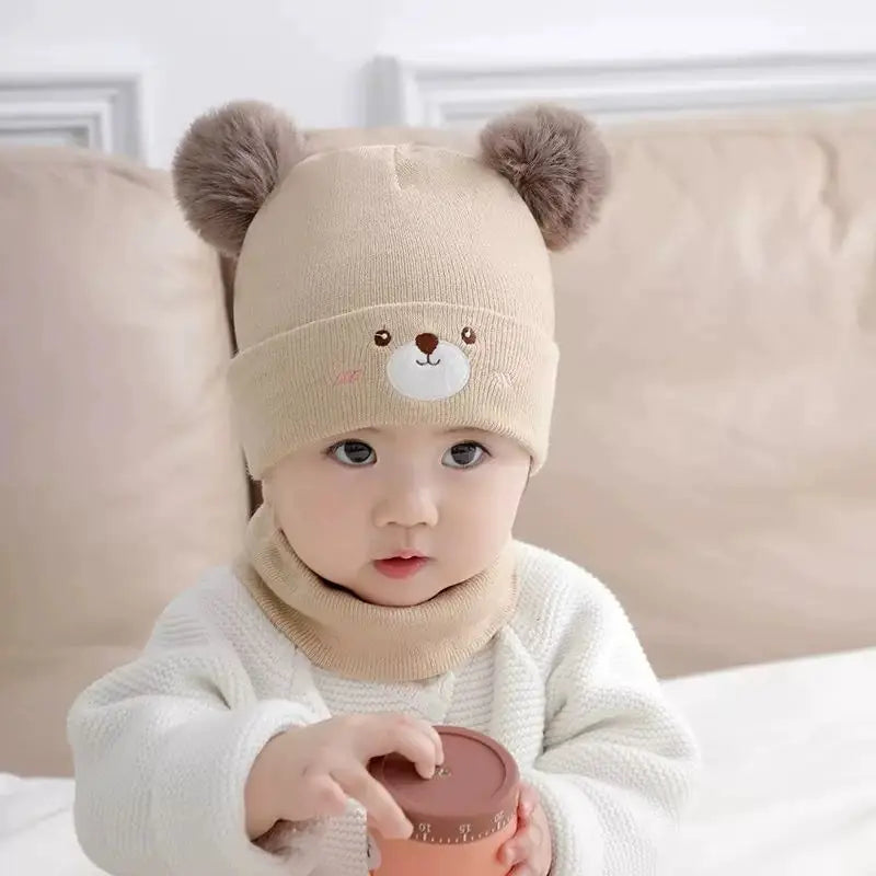 Baby Knitted Hat Set with Embroidered Face and Pom-Poms Hand-Washable Baby Hat and Scarf Set Perfect for Fall and Winter