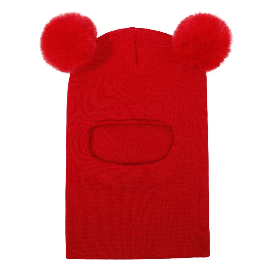 Kids Yarn Knit Balaclava Cap Autumn Winter Pullover Ear Protection Double Ball One-piece Baby Christmas Gift Hat