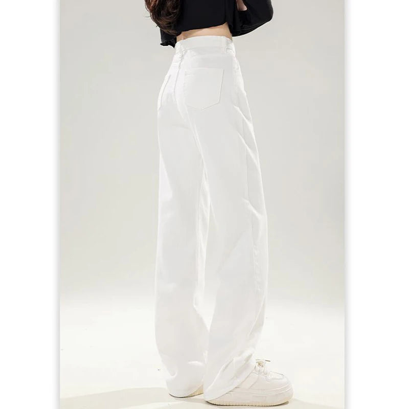 Lady Classic Designer High Waist Jeans Female Korean White Straight Leg Denim Trousers Women Comfortable Baggy Long Pants