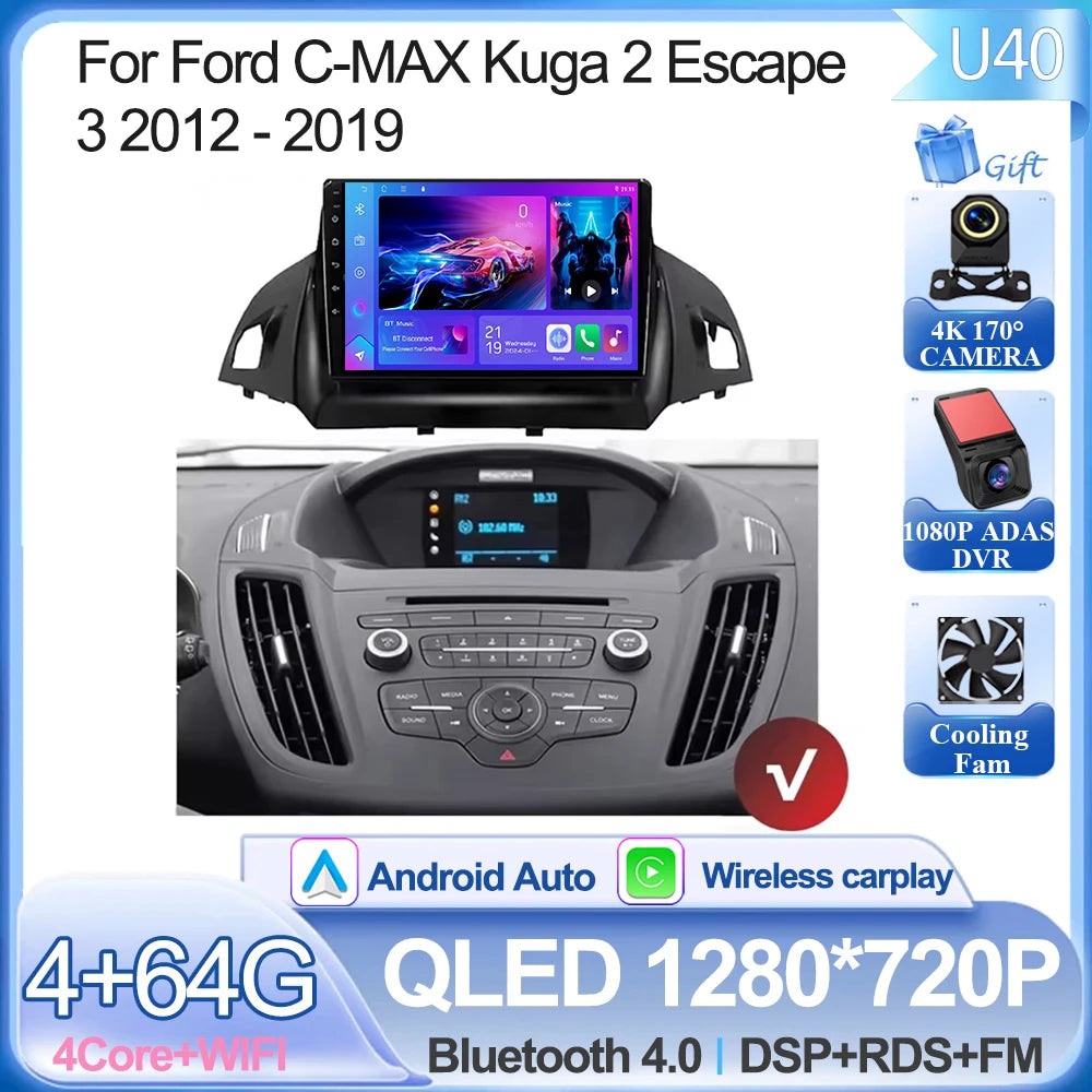 For Ford C-MAX Kuga 2 Escape 3 2012 - 2019 Android 15 Car Radio Multimedia Video Player Navigation Carplay Auto BT 2DIN DVD 5G